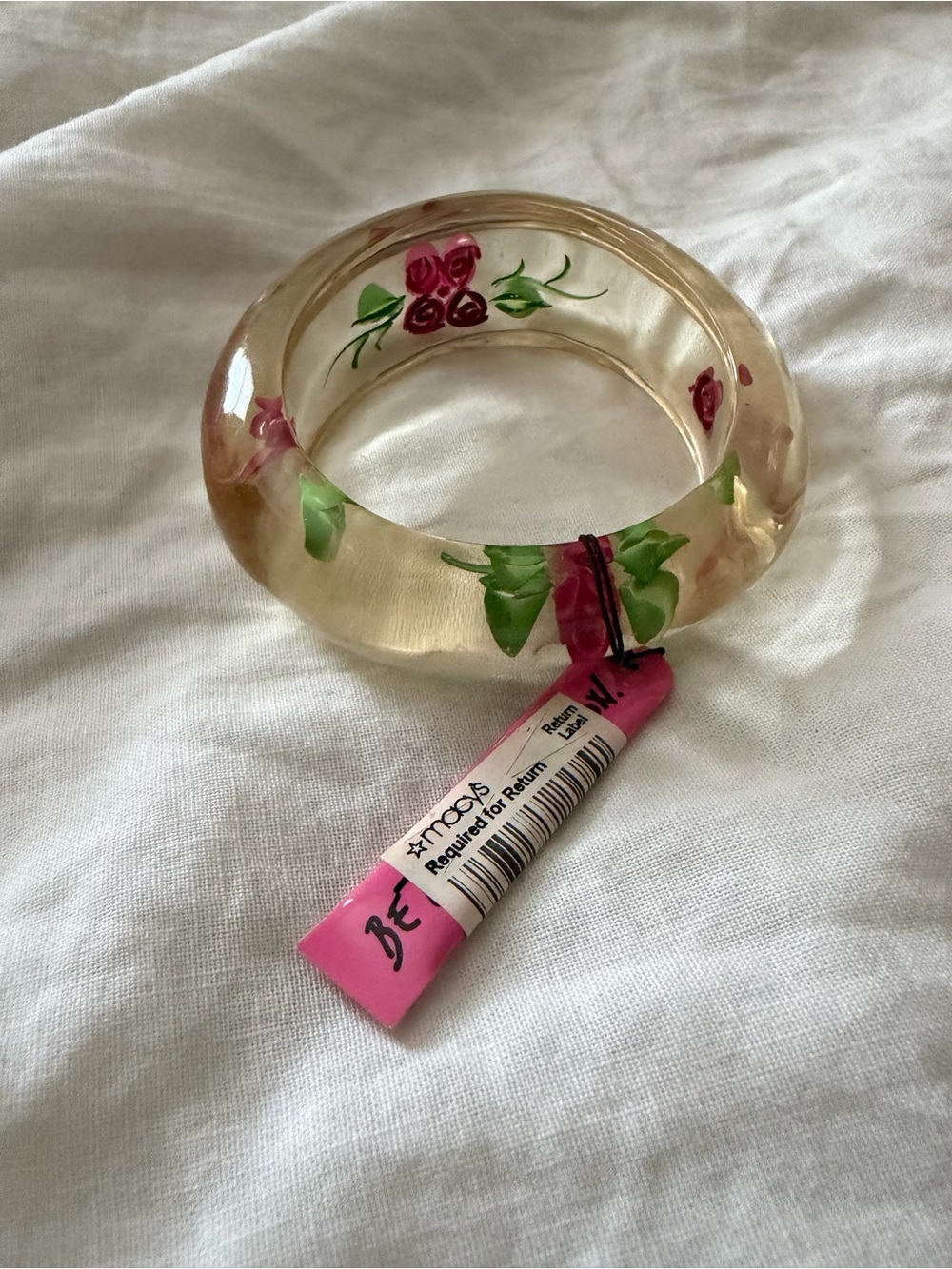 Hand-Painted Clear Resin Pink Rose Bangle Bracelet by Betsy Johnson